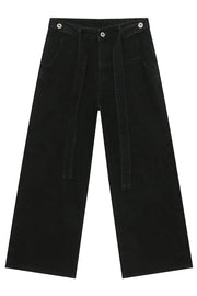 Black denim wide leg pants with tie waist and exaggerated flare.