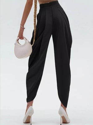 High-waisted Pleated Drape Pants in Black, fabric detail