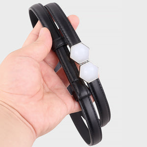 Black cowhide leather belt with geometric white buckle detail