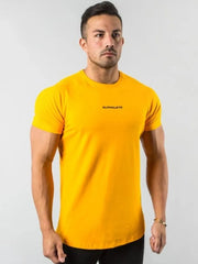 Gold athletic crew neck t-shirt with black logo detail.