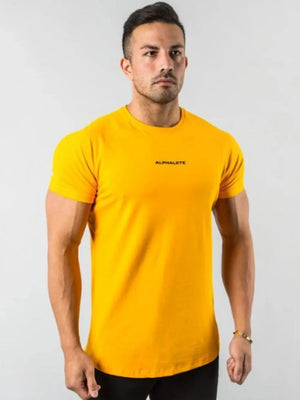 Gold athletic crew neck t-shirt with black logo detail.