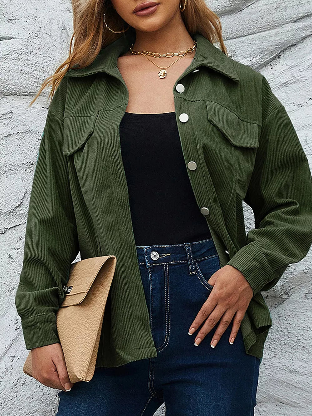 Corduroy Button-down Shirt With Chest Pockets in Moss, alternate angle