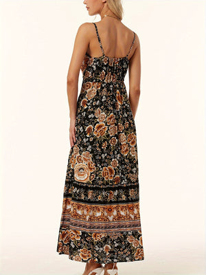 Black bohemian maxi dress with floral print, cami straps, and adjustable waist.