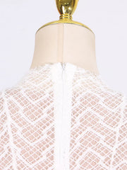 White lace maxi dress with mock neck and back zipper detail.