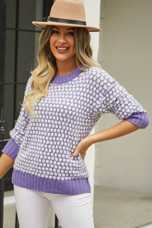 Textured bouclé knit sweater in lavender and white houndstooth pattern with contrast trim