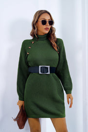 Green knit turtleneck mini dress with button detail and black belt