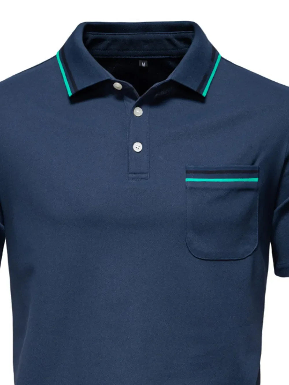 Navy polo shirt with textured fabric, contrast trim on collar and pocket, and button placket.