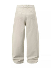 Cream white belted wide-leg cargo pants for men with back pockets.