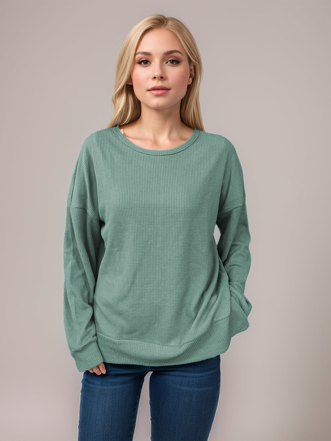 Waffle knit relaxed fit crewneck top in Gum Leaf green with long sleeves and a rounded hem.