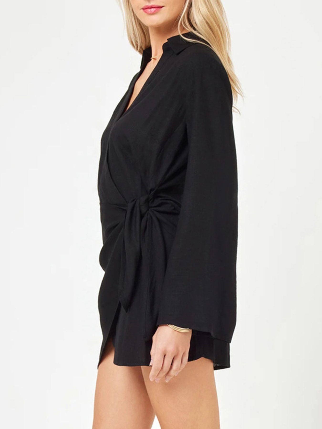 Chic black cotton blend long sleeve wrap cover-up dress with tie detail.