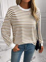 Horizontal stripe crewneck sweatshirt with white cuffs and neckline in mocha and white.