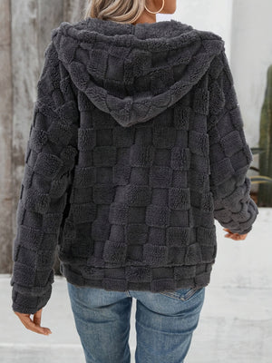 Dark gray textured grid fleece hoodie jacket with adjustable hood.