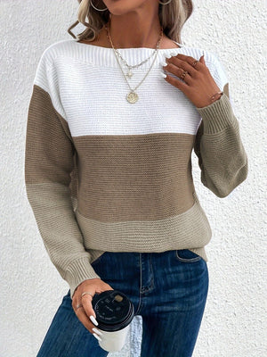 Colorblock ribbed knit sweater with boatneck in white, taupe, and light gray.