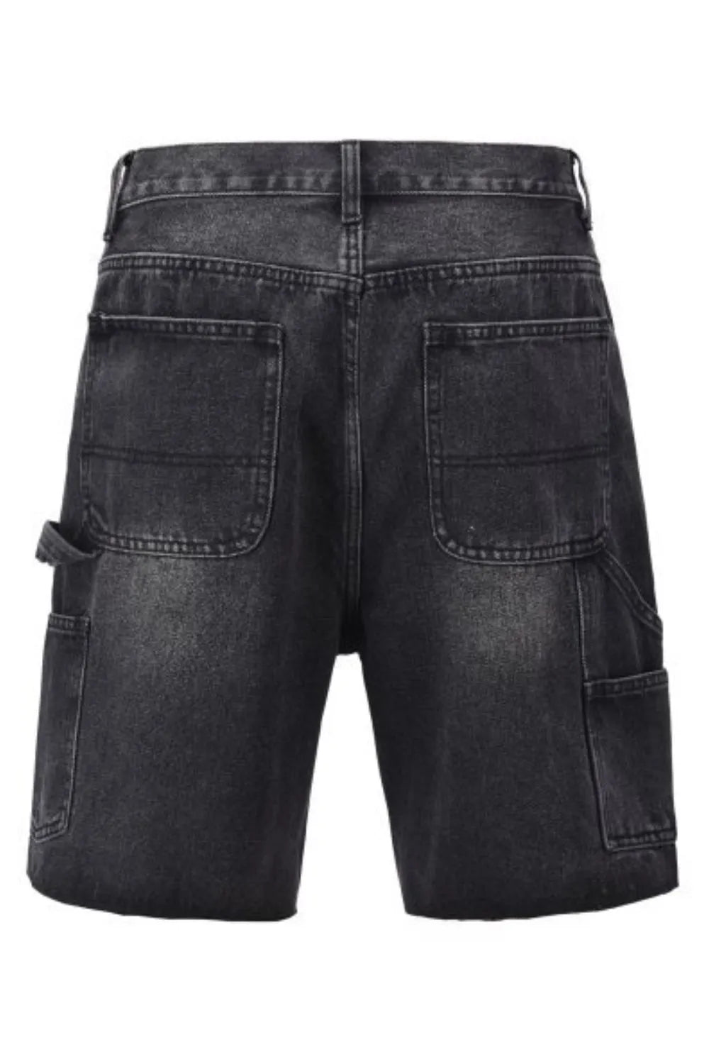 Panelled carpenter denim shorts in dark wash with utility pockets and a relaxed fit.