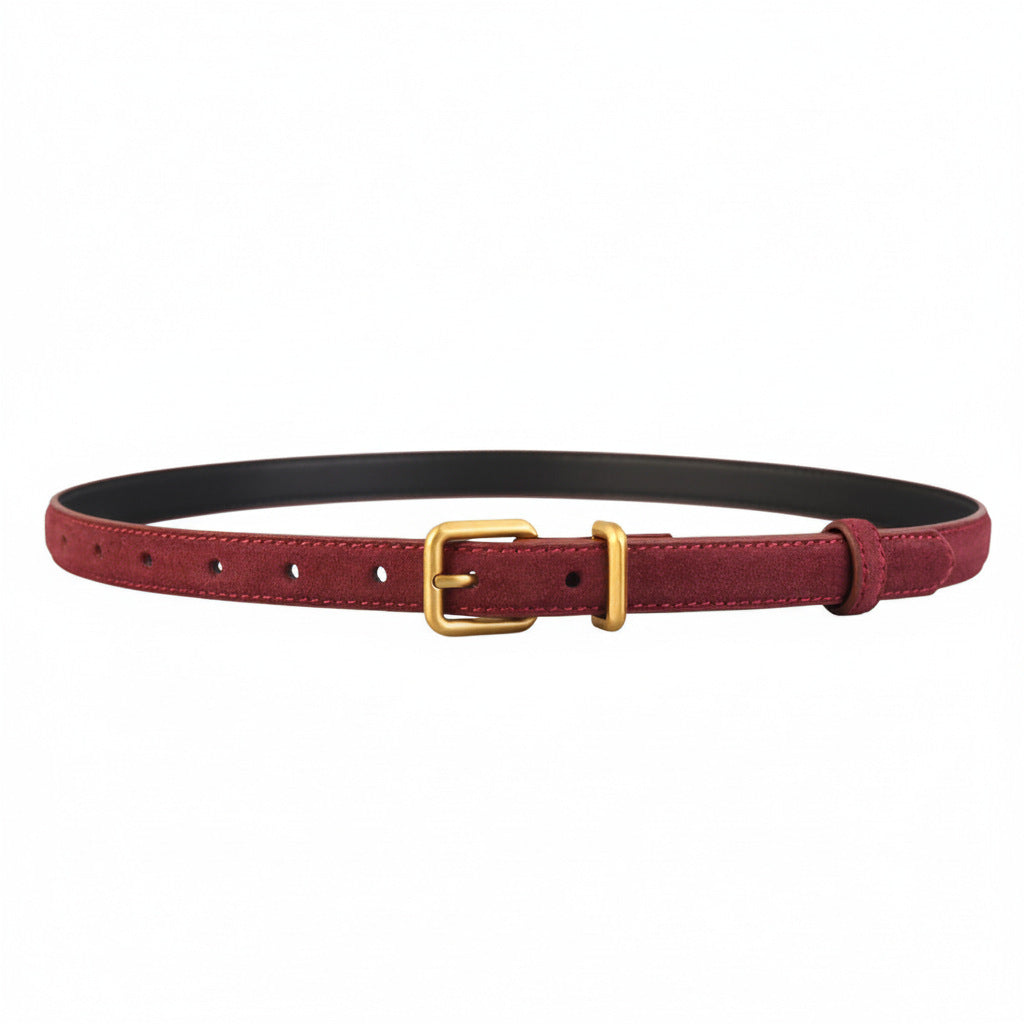 Burgundy suede belt with gold buckle and black backing