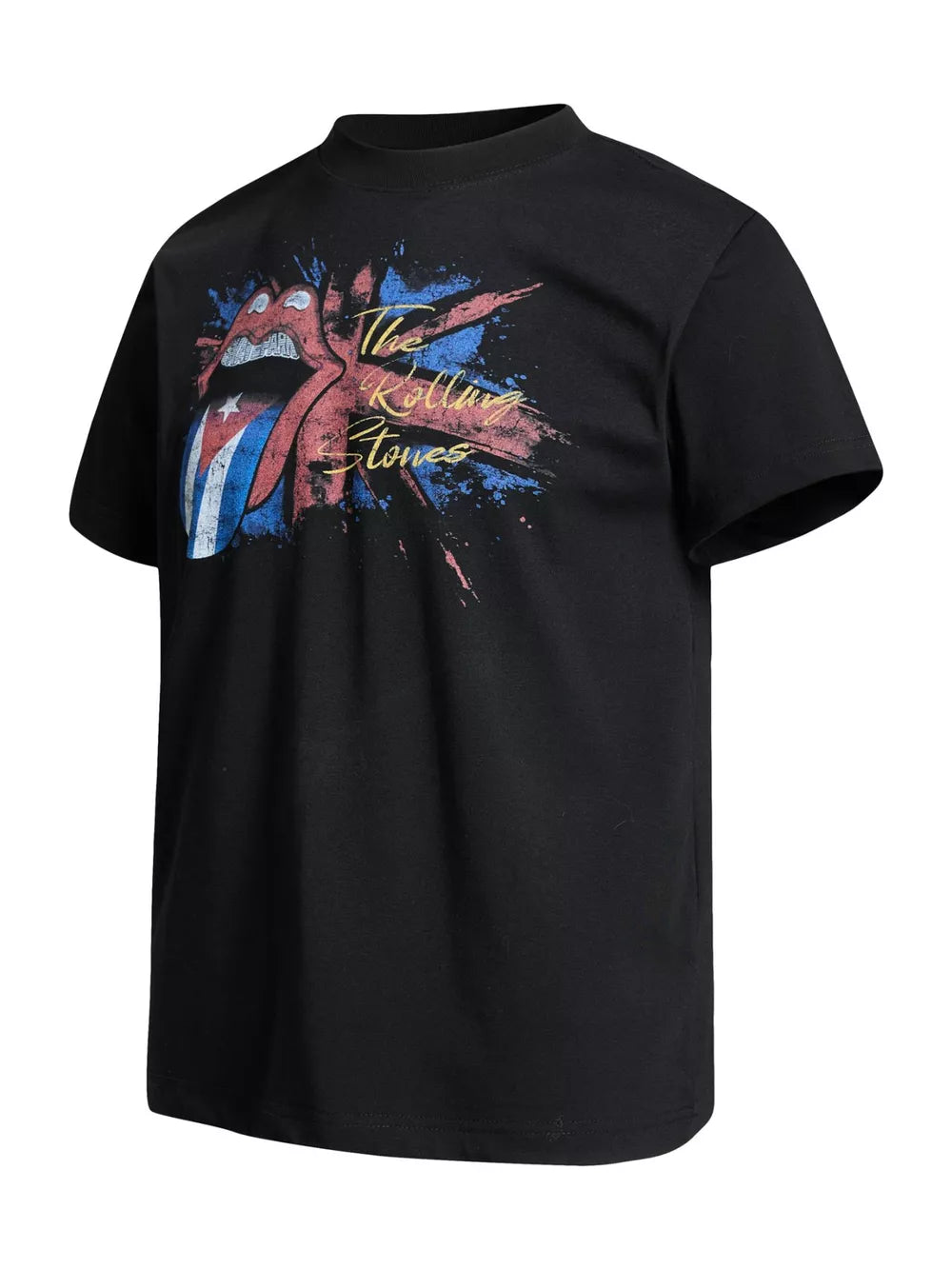Black cotton Rolling Stones graphic t-shirt with iconic tongue logo and splatter design.