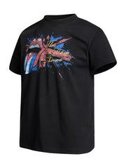 Black cotton Rolling Stones graphic t-shirt with iconic tongue logo and splatter design.