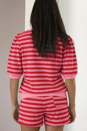 Puffed sleeve striped top and shorts set in strawberry pink.