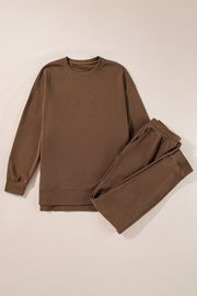 Relaxed fit coffee brown loungewear set with crewneck sweatshirt and pants.