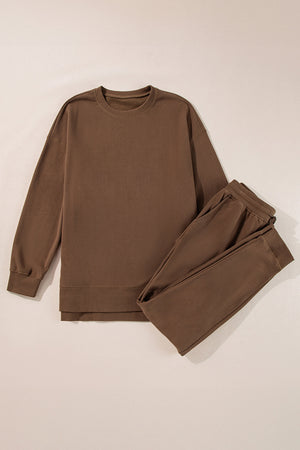 Relaxed fit coffee brown loungewear set with crewneck sweatshirt and pants.
