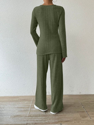 Moss ribbed knit loungewear set with long sleeves and flared pants.