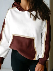 Hooded sweatshirt in dark brown and white with contrast trim and a large front pocket.
