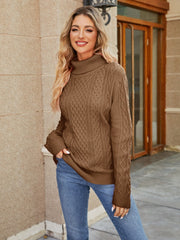 Cable knit turtleneck sweater in caramel with allover cable detail.
