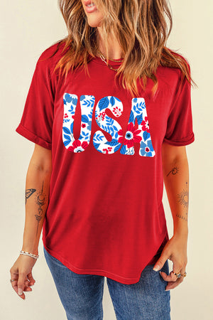 Red t-shirt with floral USA graphic, crew neck, short sleeves