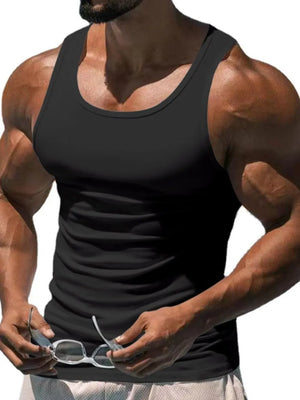 Black sculpted scoop neck tank top with a form-fitting cut.