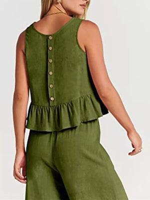 Ruffled Hem Sleeveless Top And Wide-leg Pants Set Plus Size in Black, alternate angle