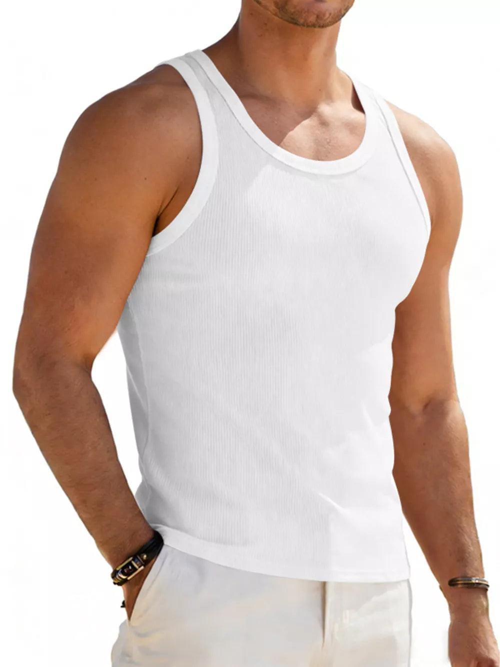 Men's Full Size Round Neck Tank in White, front view
