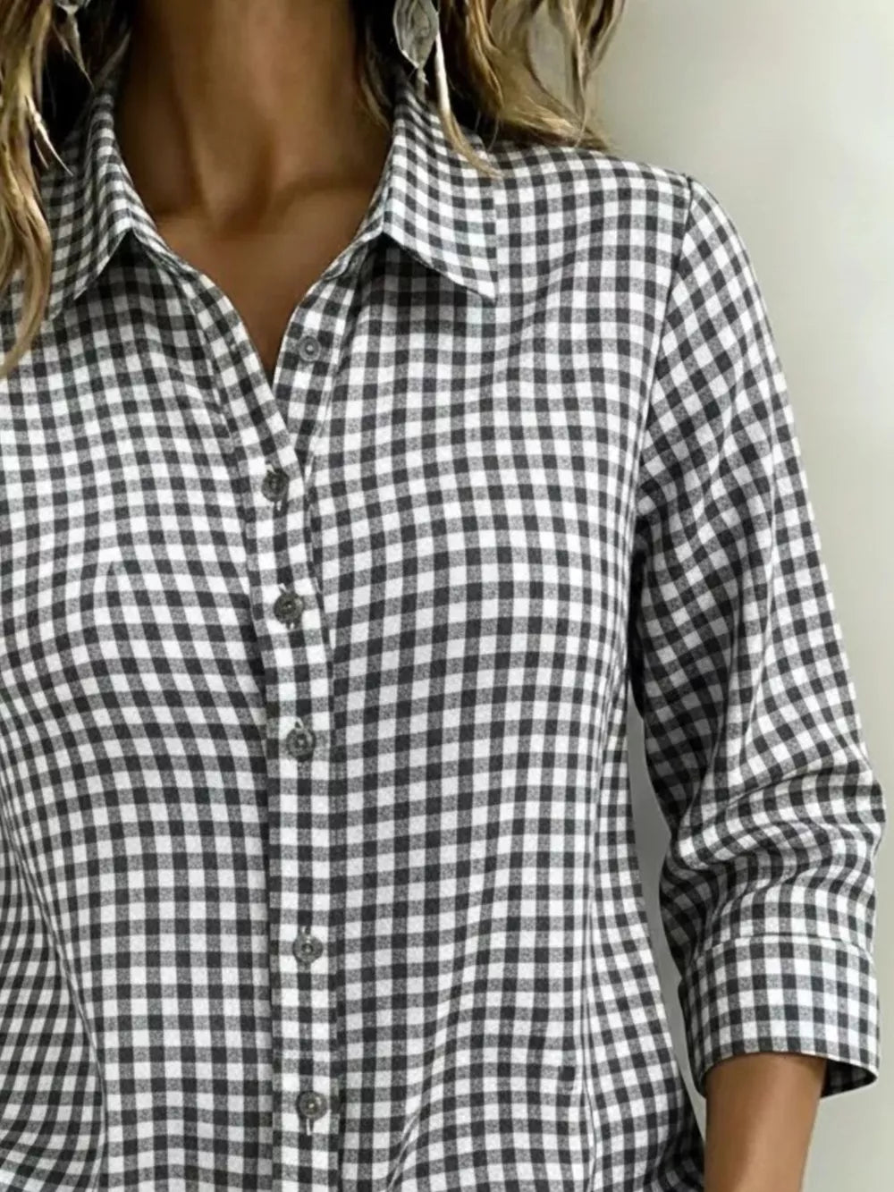 Full Size Plaid Collared Button Up Shirt, model styling view