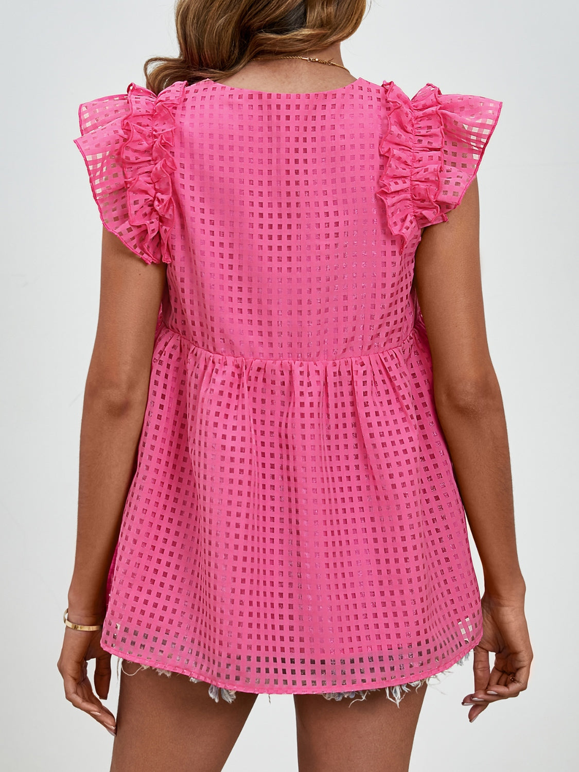Hot Pink textured ruffle sleeve trapeze blouse with square grid pattern