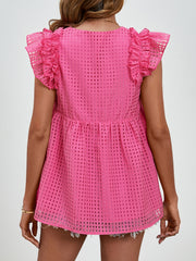 Hot Pink textured ruffle sleeve trapeze blouse with square grid pattern