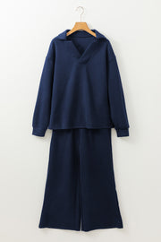 Navy textured polo top and wide-leg culottes set with a geometric pattern.