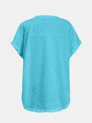 Sky blue t-shirt with short sleeves and a relaxed fit.