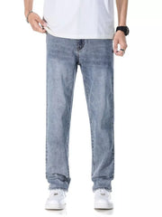 Men's Classic Straight Fit Washed Jeans in Light Blue, close-up detail