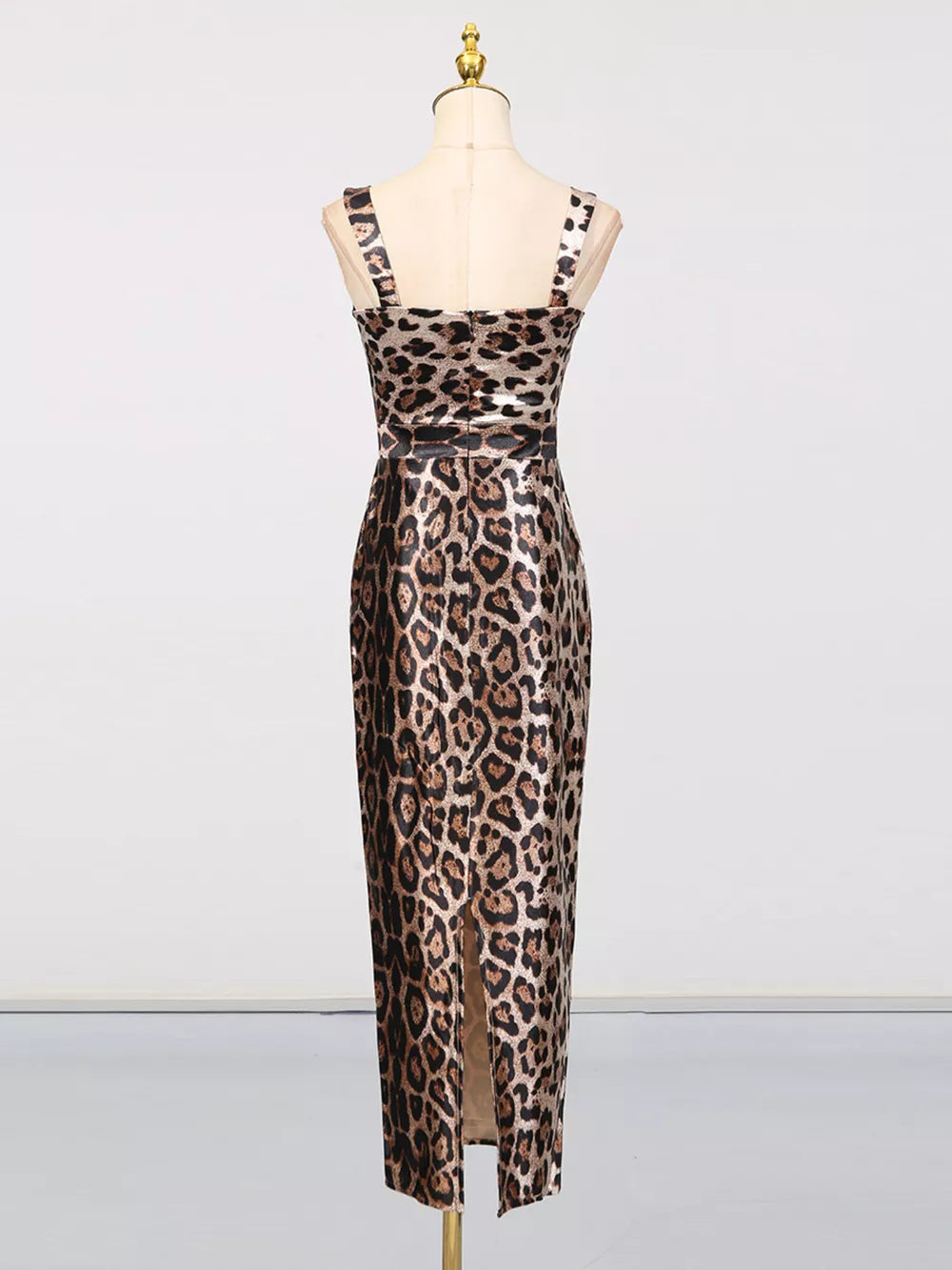 Leopard print bodycon midi dress with square neckline and thigh slit.