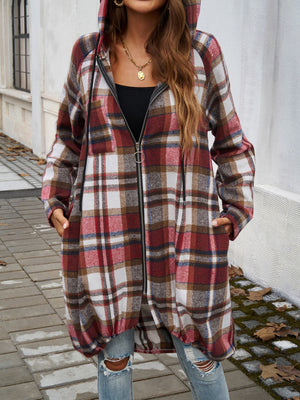 Draped plaid cocoon hoodie jacket in red, brown, and white, with a zip front and hood.