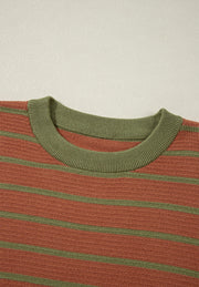 Brown and green striped waffle knit sweater with crewneck detail