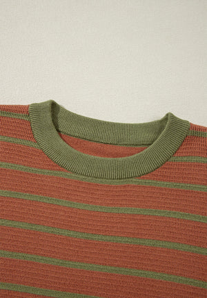 Brown and green striped waffle knit sweater with crewneck detail