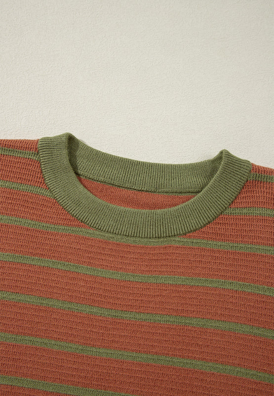 Brown and green striped waffle knit sweater with crewneck detail
