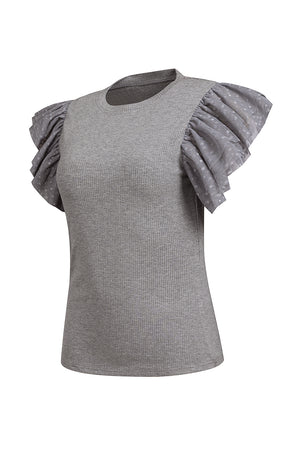Dark gray ribbed top with sheer polka dot puff sleeves and crew neck.