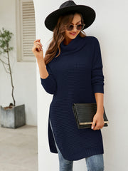 Dark blue waffle knit tunic with cowl neckline and side slits, acrylic.