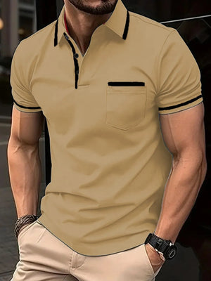 Tan short sleeve polo shirt with black trim on collar, pocket, and sleeves.