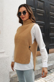 Khaki ribbed knit turtleneck vest with side button detail, acrylic.