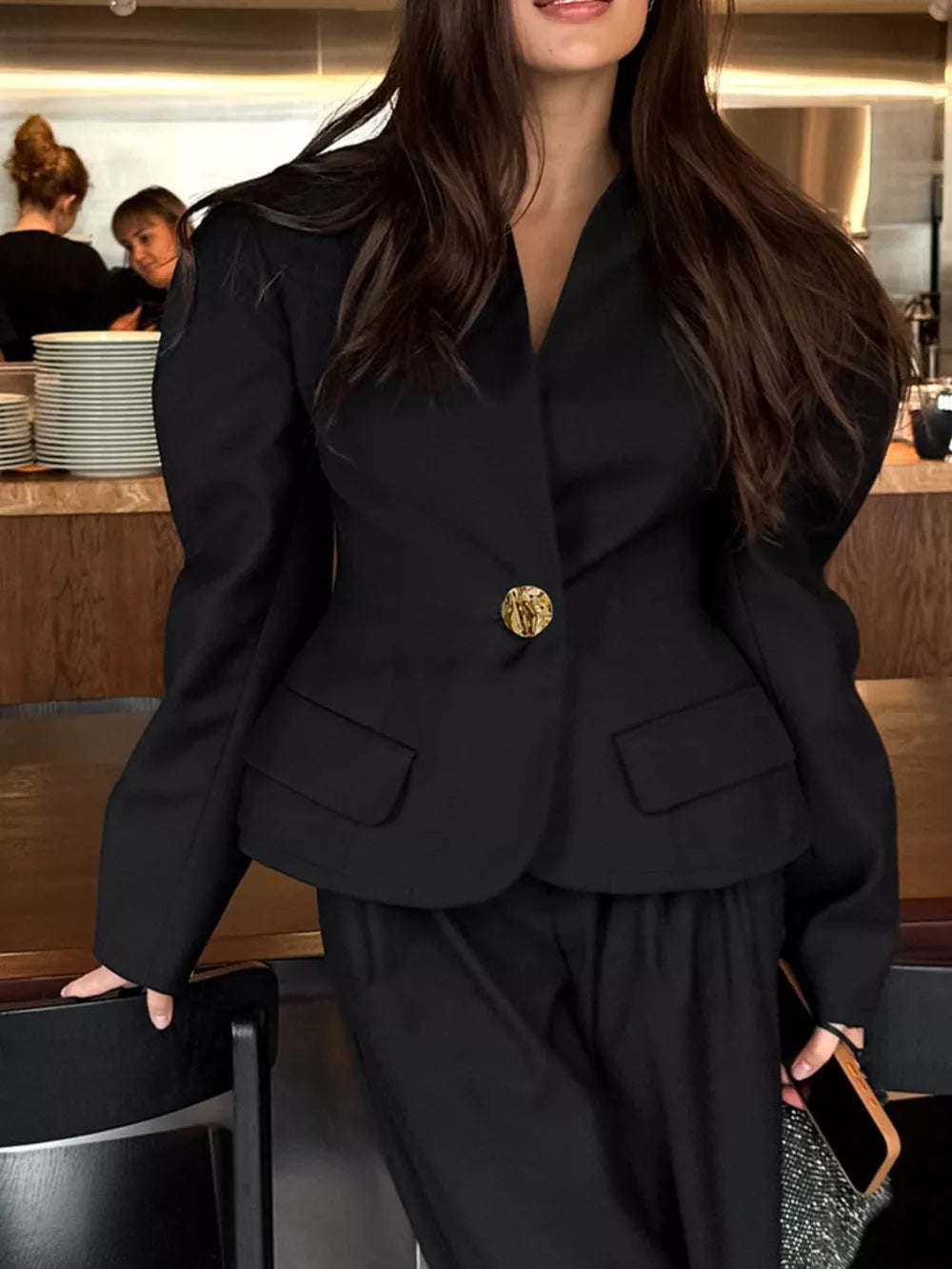 Puffy Sleeve Blazer And Wide-leg Pants Set in Black, back view