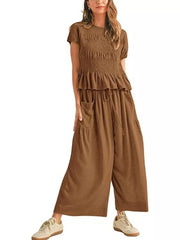 Smocked Peplum Top And Wide-leg Pants Set in Terracotta, view 14