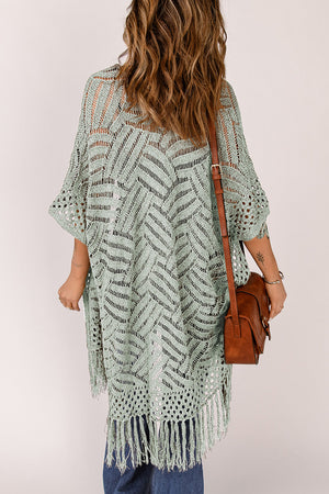 Sage open knit chevron fringe cardigan with short sleeves and boho styling.