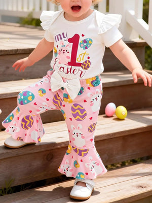 Baby Easter outfit with white ruffled sleeve top and pink bunny & egg print bell bottoms.